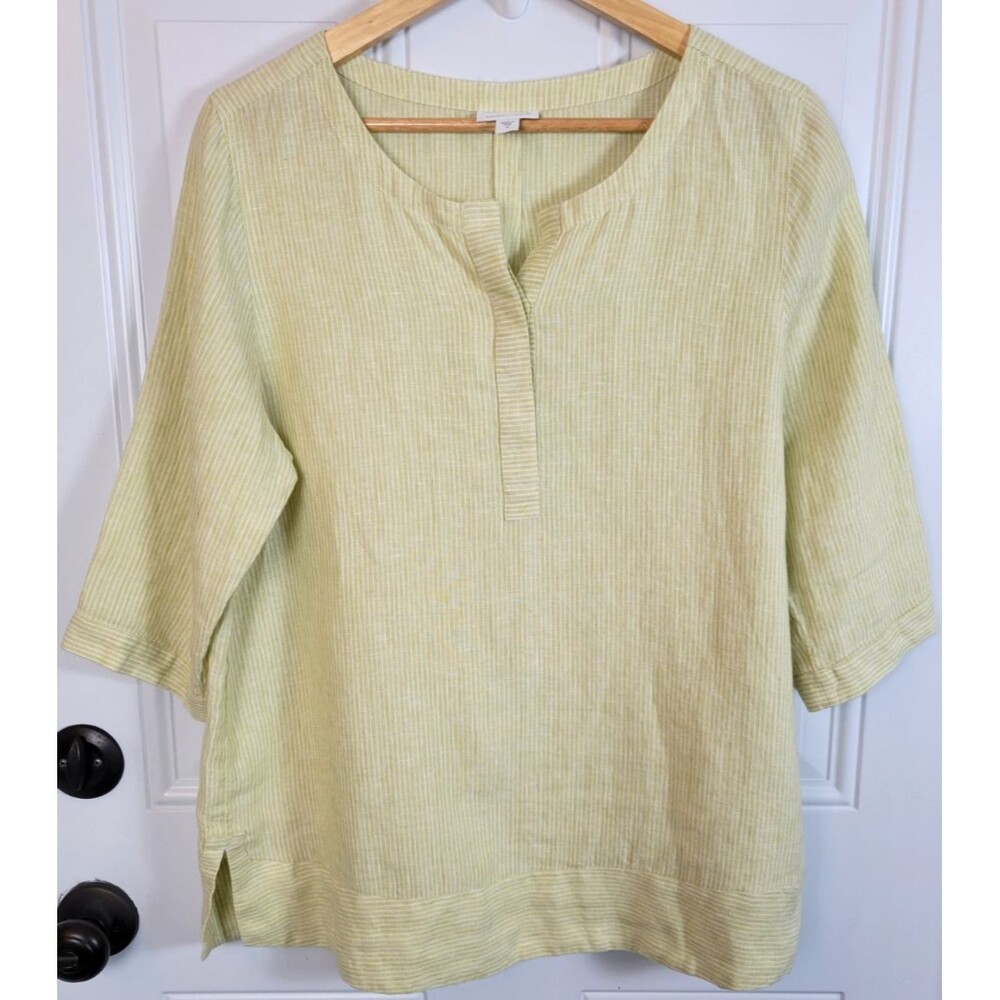 J. Jill Love Linen Citron Stripe Popover Top Size M Lagenlook